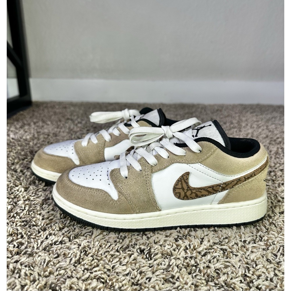 Nike Air Jordan 1 Low DZ5368-201 Patterned Swoosh Tan White Sneakers 4Y/5.5W